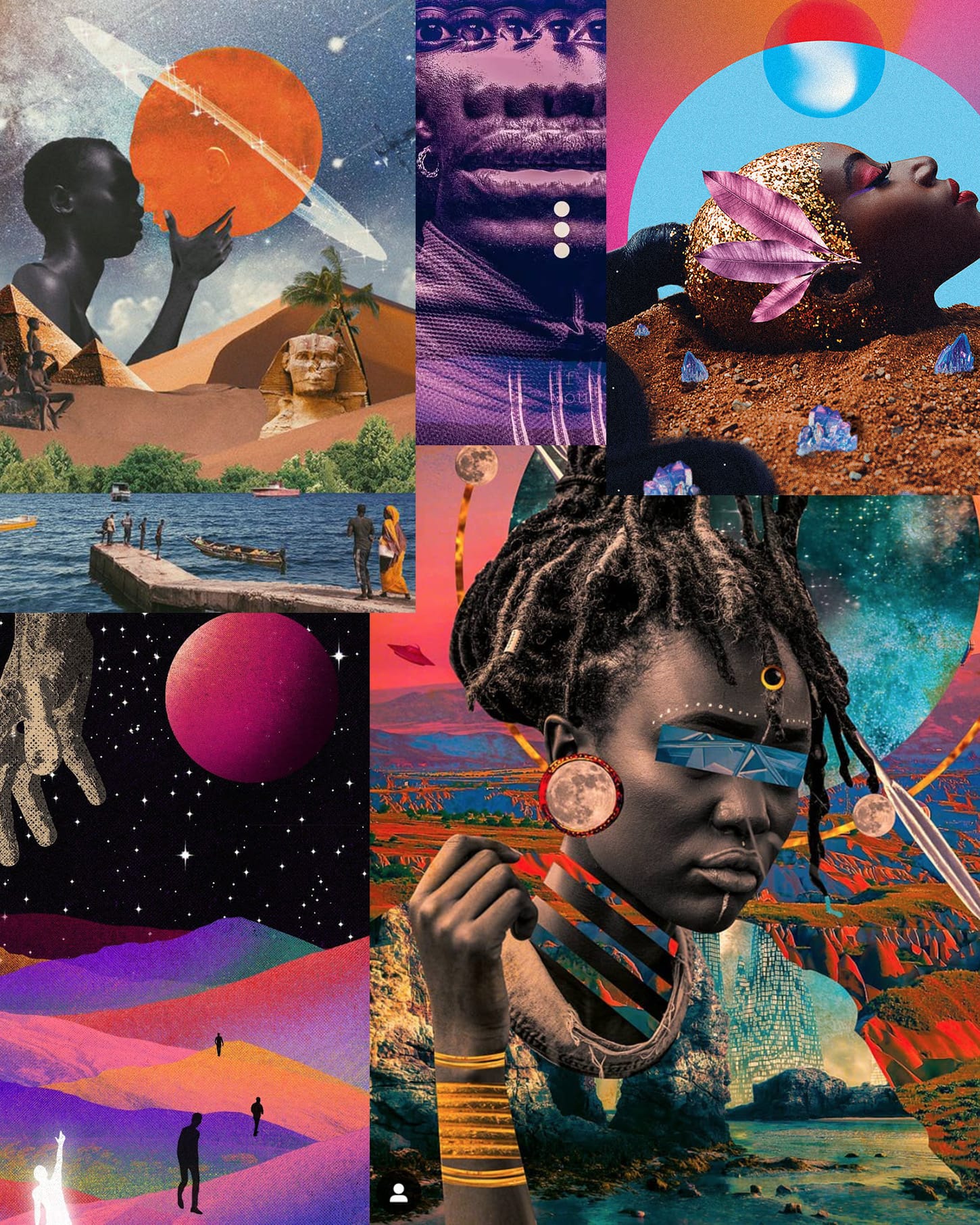 A collage of imagery filled with bright colors and outer space motifs.