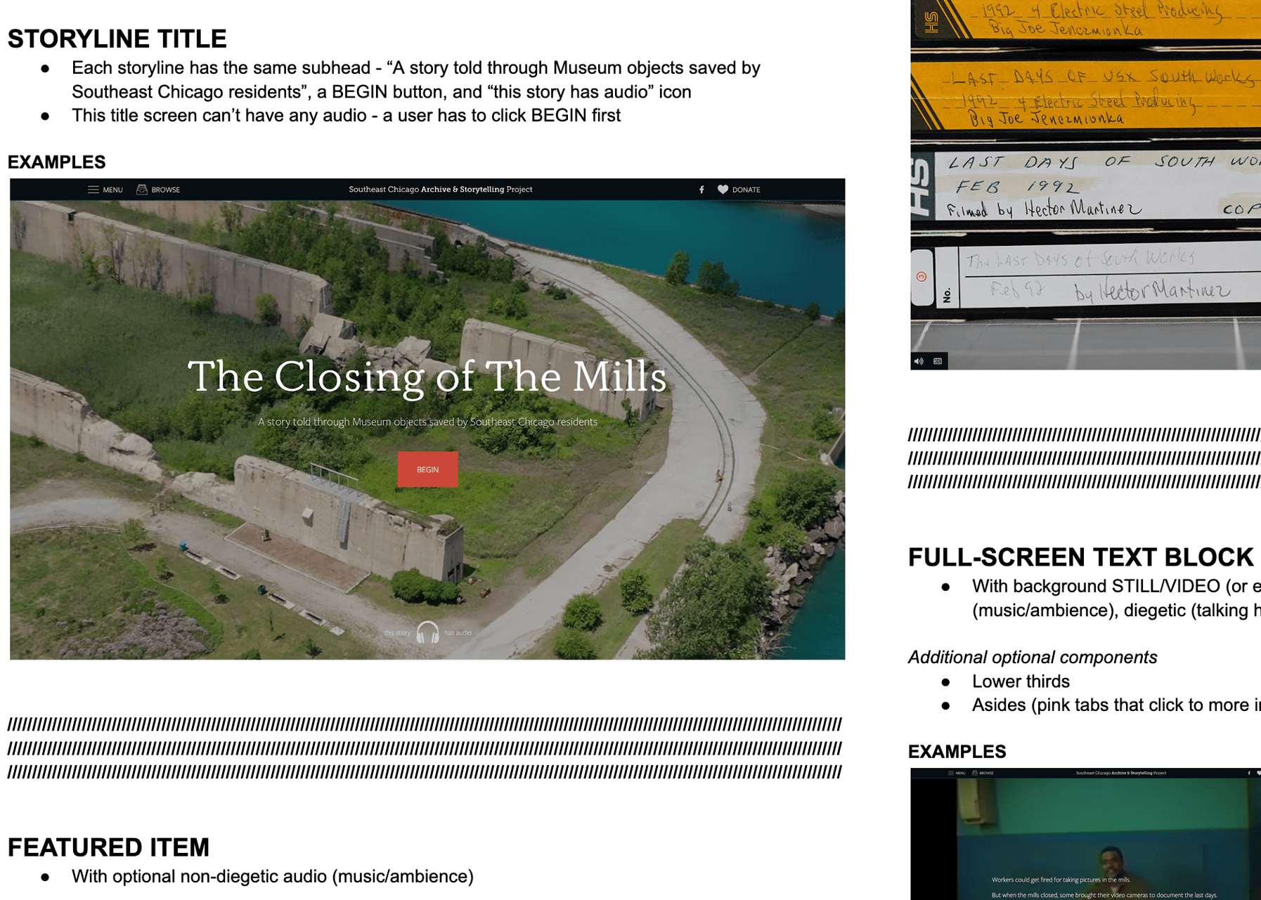 Three screenshots laid out on a page, the headings 'Storyline Title', 'Featured Item', and 'Full-Screen text block'