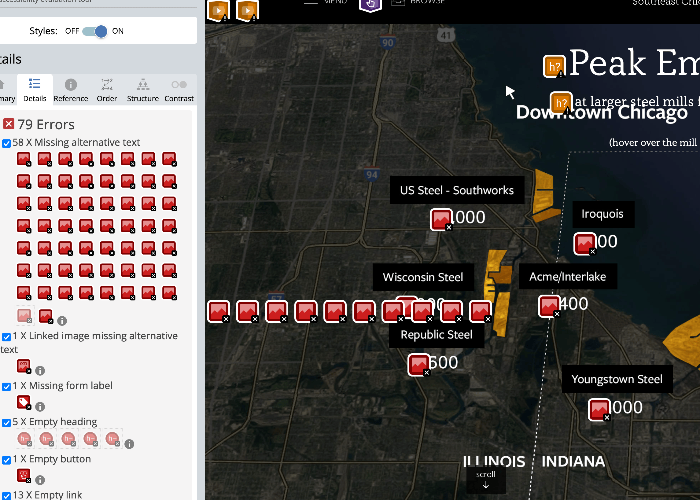 A map of downtown Chicago annotated with many missing alternative text errors.