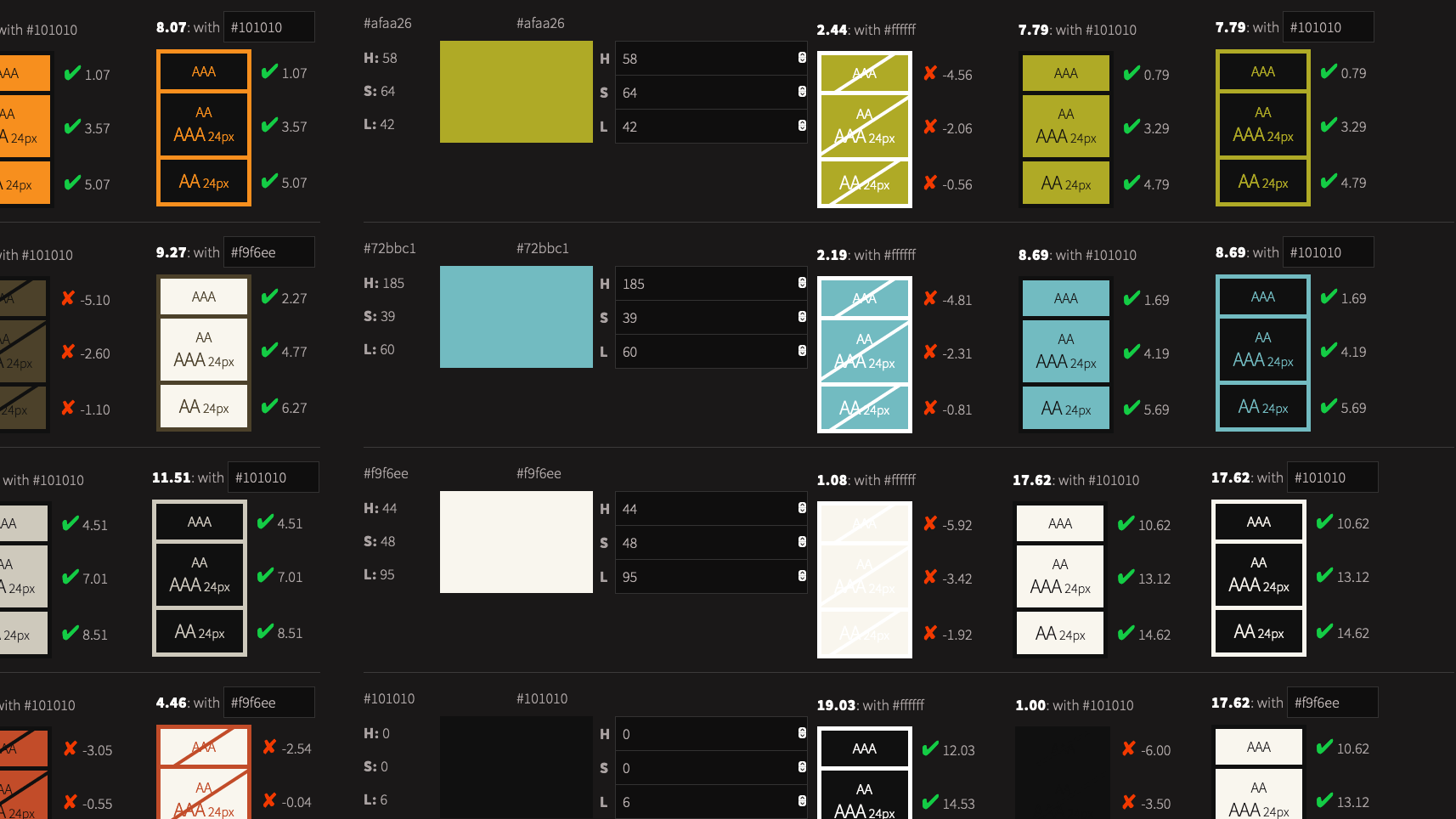 Many background and text color combinations, marked by whether or not they pass standards.