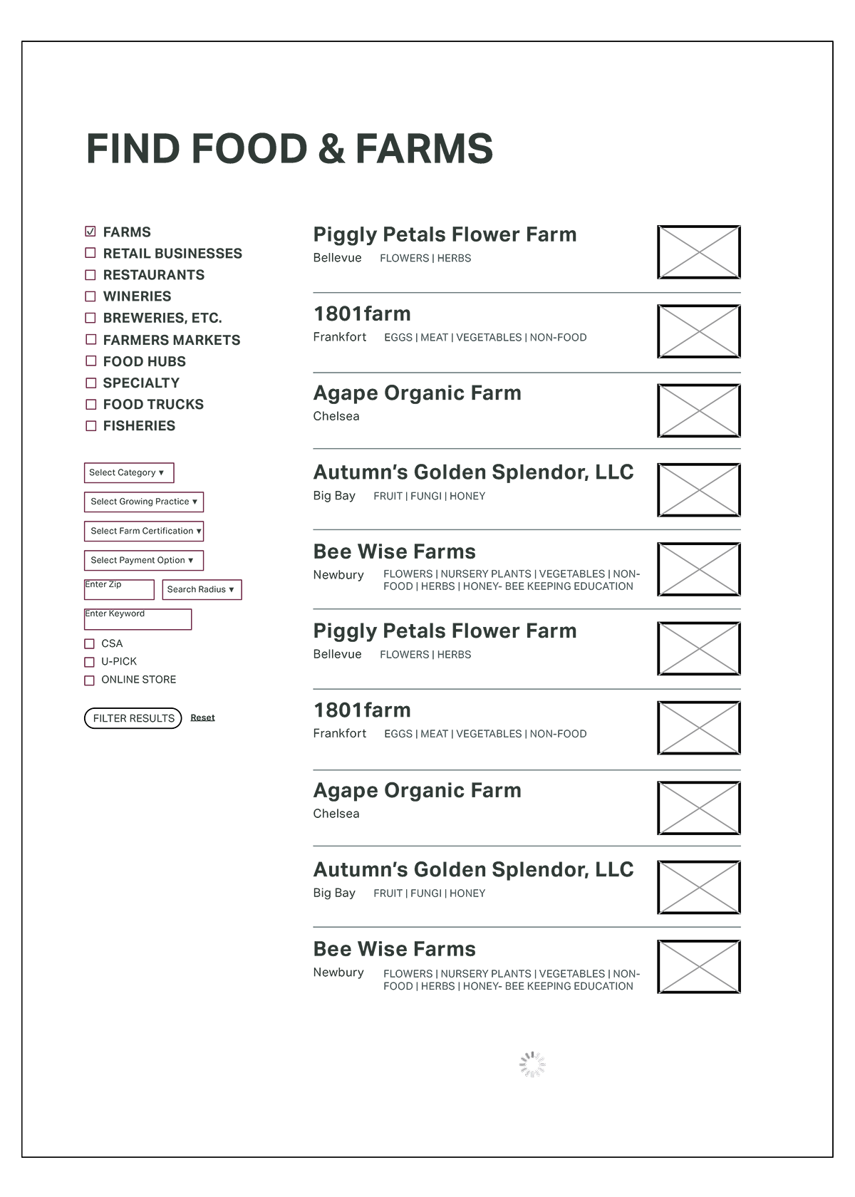 Wireframe layout with interactive filters at the left and search results on the right.