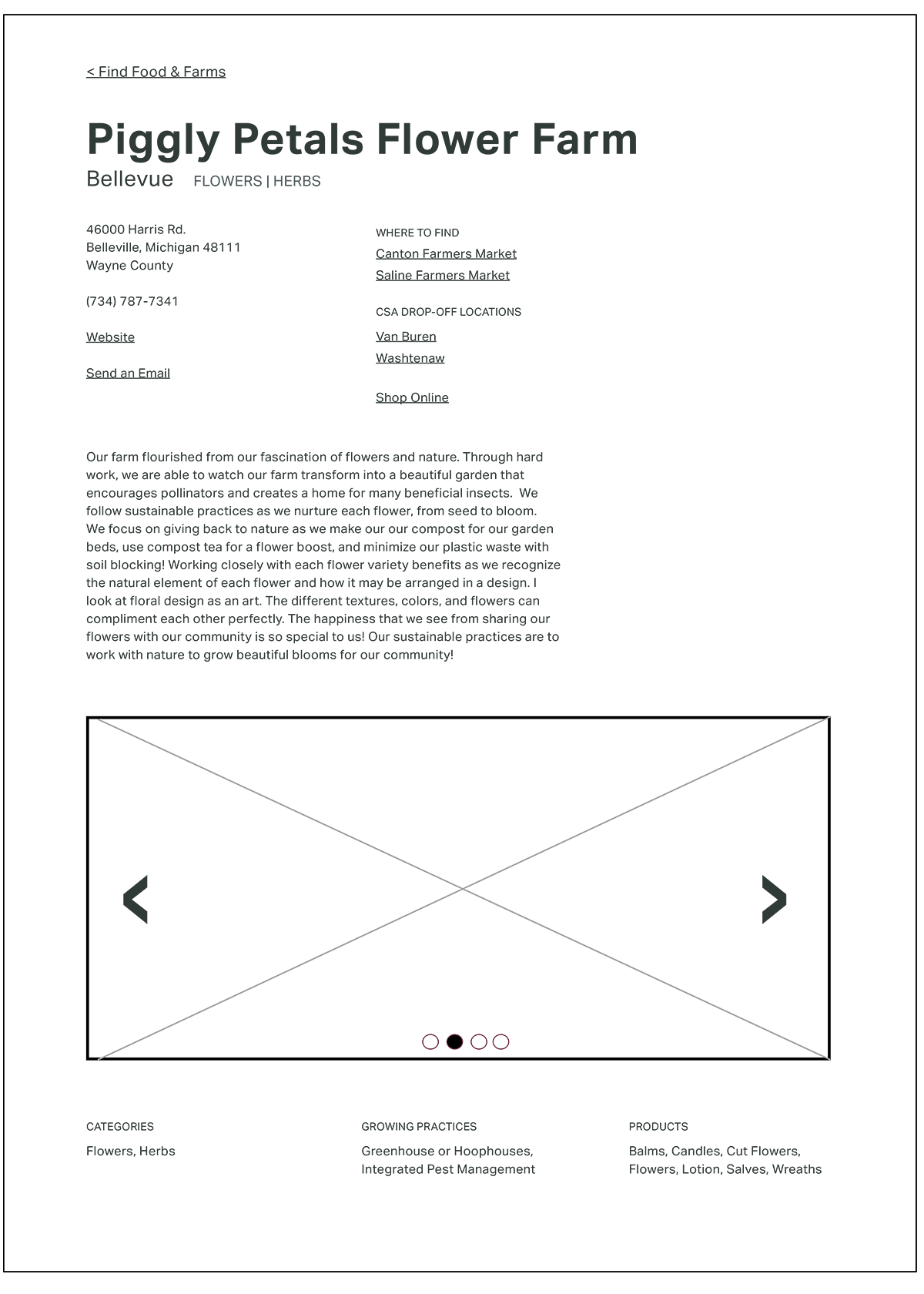 Wireframe with the heading 'Piggly Petals Flower Farm'